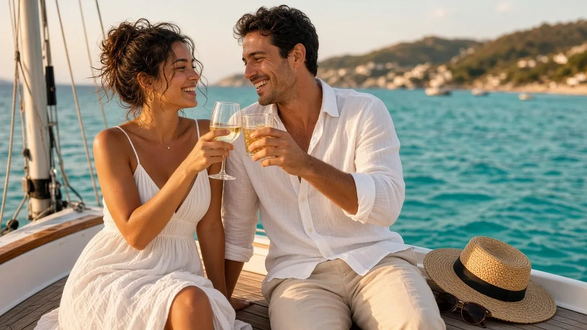Casal brindando com taças a bordo de um veleiro durante a viagem de lua de mel