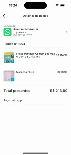 Tela de detalhes do pedido recebido com contato do convidado