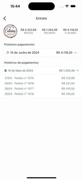 Tela de extrato com valores recebidos, a receber e histórico de pagamentos